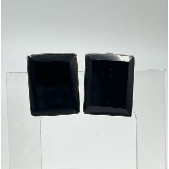 Rectangle Black Glass and 925 Mexico Sterling Silver Clip on Earrings - Picture 3 of 16